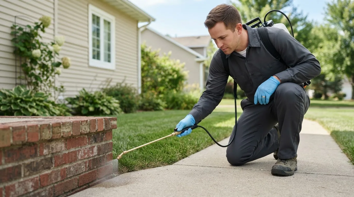 Pest control technician treating a home near North Chatham, NY